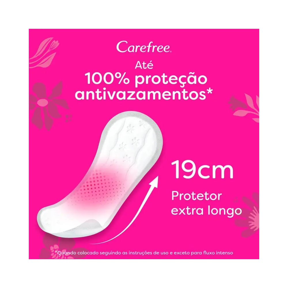 Protetor Diário Carefree Proteção Extra Longo mostrando design anatômico e proteção antivazamento